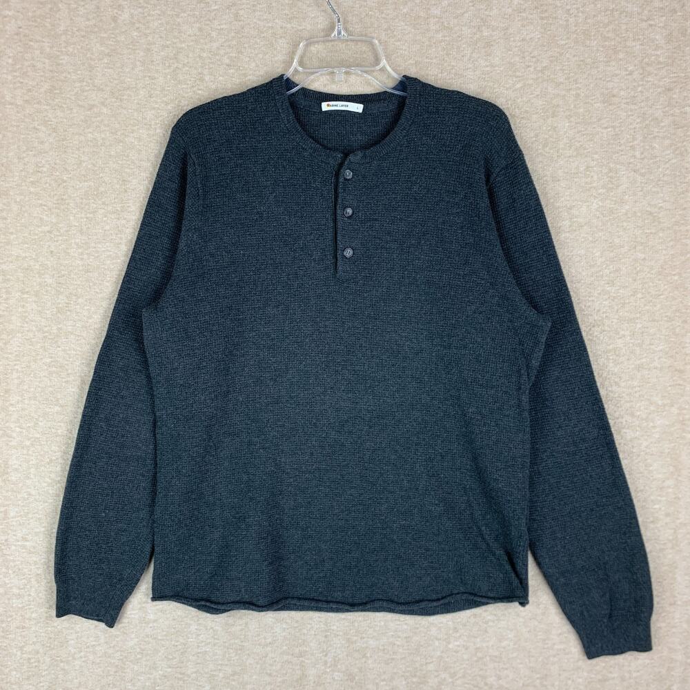 Marine Layer Henley Sweater Mens L Charcoal Waffle Knit Thermal Wool Blend Soft